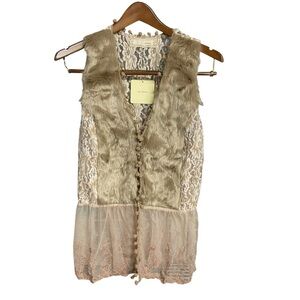 A'Reve Faux Fur Vest Size L Tan/Beige Lace and Pom Pom Detail Boho Stevie Nicks